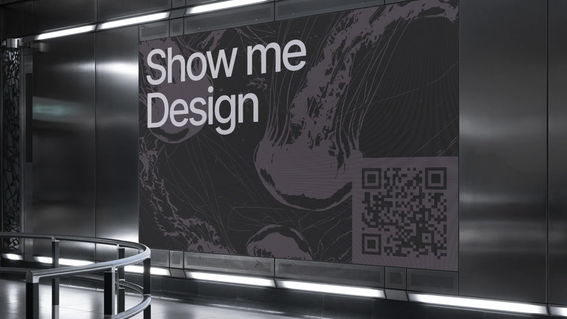 Show me Design identity installation with a dark poster and QR code